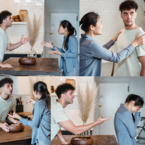 4 pictures of the same couple in various states of a argument
